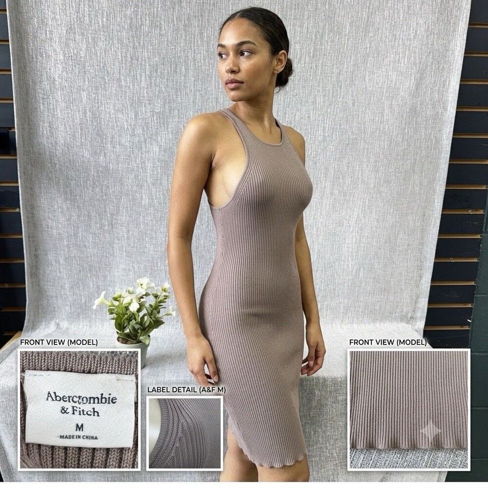 Abercrombie Fitch Sleevless Dress Womens Medium Taupe Beige Ribbed Knit Stretch